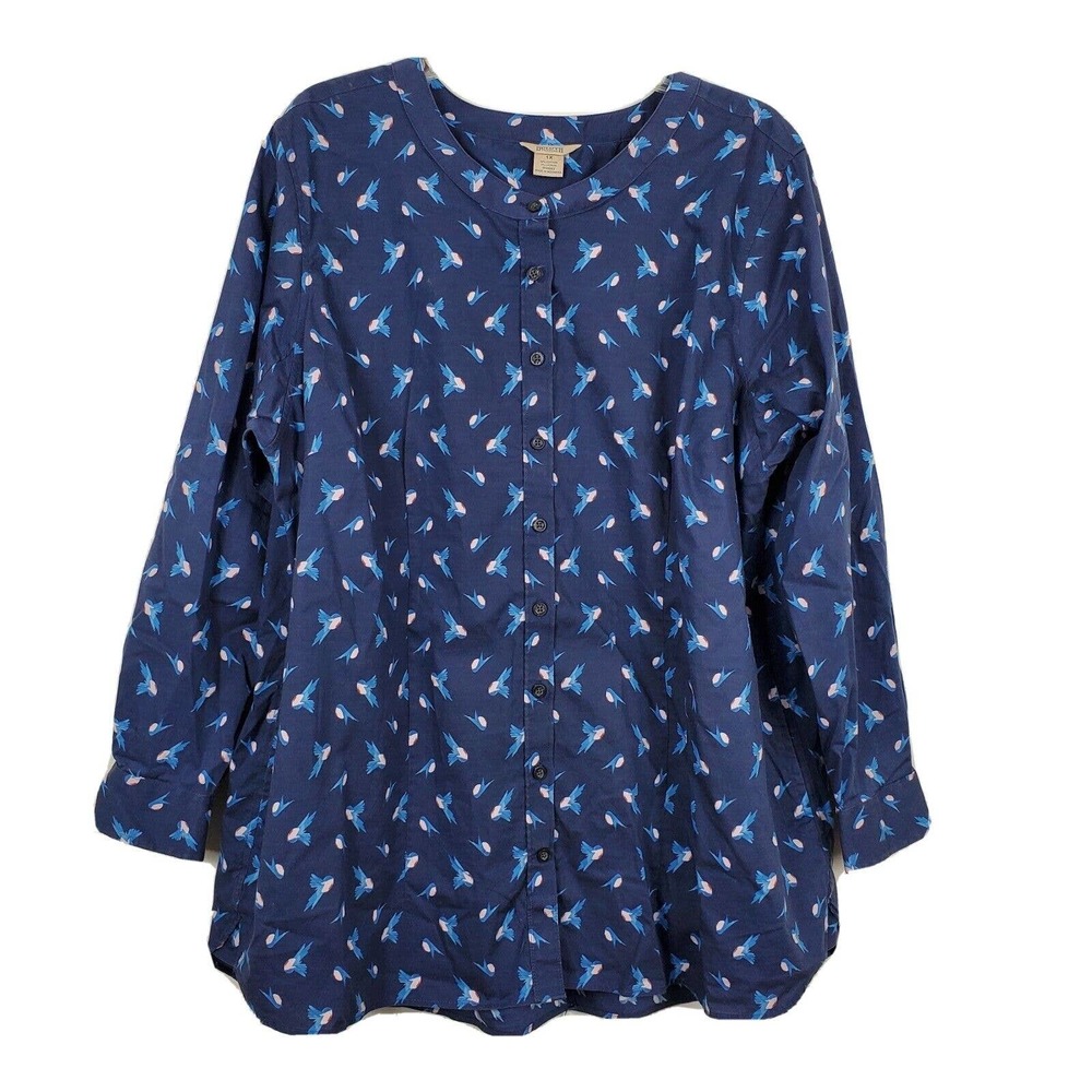 Duluth Trading Co Womens Button Up Novelty Bird Print Blouse Tunic Blue Plus 1X